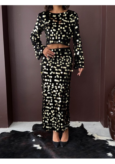 Verymoda Pullu Kadife Etek F2000 Siyah Gold