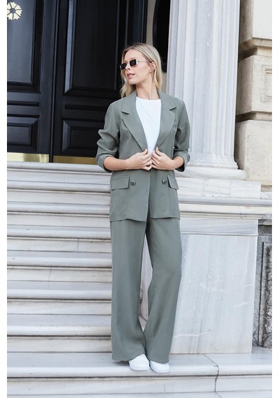 Jument Kadın İpeksi Dokulu Modal Kumaş Yakalı Cep Kapaklı Oversize Salaş Blazer Ceket-haki