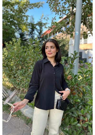 WeShaya Kadın Siyah Klasik Yaka Uzun Kol Regular Kesim Standart Boy Gömlek Özel Kumaş Siyah