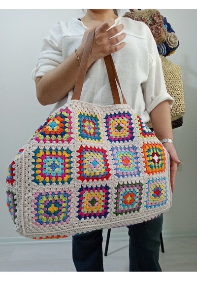 Embahandmde Renkli El Örgüsü Xl Plaj Çantası Astarlı Büyük Boho Tote Bag Yazlık Kadın Omuz Çantası Açık Bej