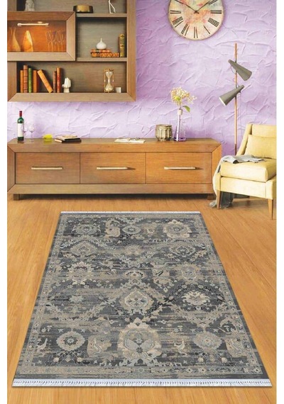 Antrasit Vintage Dokuma Pamuk Taban Kaymaz Kilim Klm276n11