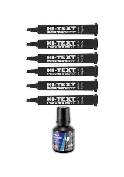 Siyah Kesik Uçlu Markör Permanent Kalem 6 Adet Hı-text Marker Mürekkep Siyah 30 Ml 1 Adet Brons Koli Kalemi