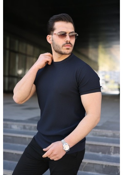 Veraura Lifestyle Erkek Bisiklet Yaka Petek Dokulu Kısa Kollu Triko Tişört Lacivert