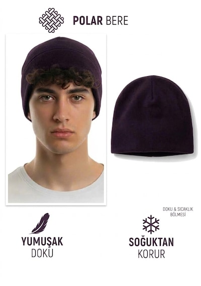 Qulothes Qu-tex Extra Kalın Termal Polar Soğuk Geçirmez Bere Unisex Pamuklu Kışlık Şapkaa Mor