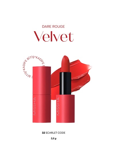 Missha Dare Rouge Velvet Yoğun Pigmentli Blur Etkili Nemli Kadife Bitişli Ruj 32 Scarlet Code