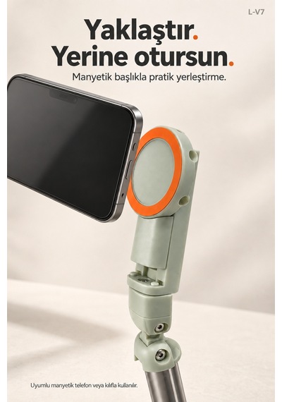 L-v7 Manyetik Bluetooth Kumandalı Tripod Selfie Çubuğu 64 Cm, 3 Ayaklı, 2 Kg Taşıma - Siyah Yeşil