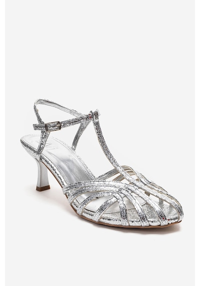 Luvishoes Felip Gümüş Desenli Bantlı Kadın Kısa Topuklu Ayakkabı Gümüş