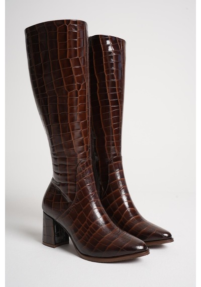 Analin Shoes Kadın Hakiki Deri Altın Toka Detaylı Şık Topuklu Çizme Kahve Kroko