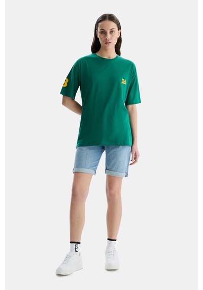 Ucla Paradıso Yeşil Bisiklet Yaka Baskılı Oversize Kadın Tshirt Yeşil
