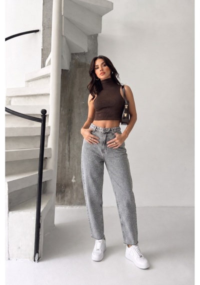 Kene Jeans Gri Kar Paça Kesik Taşlı Mom Denim Pantolon Gri Kar