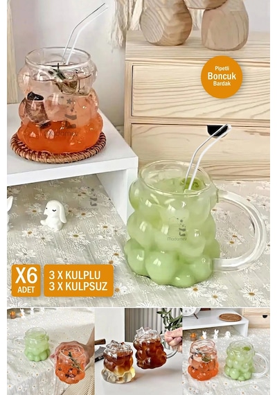 6lı Üzümlü Boncuk Bardak Pipetli Cam 350 Ml Kulplu Kulpsuz Meşrubat Su Kahve Sunum Kokteyl Bardağı Şeffaf
