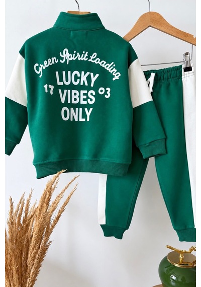 Monila Erkek Çocuk Pamuklu Yeşil Fermuarlı Dik Yaka Sweatshirt Ve Yeşil Alt Üst Takım