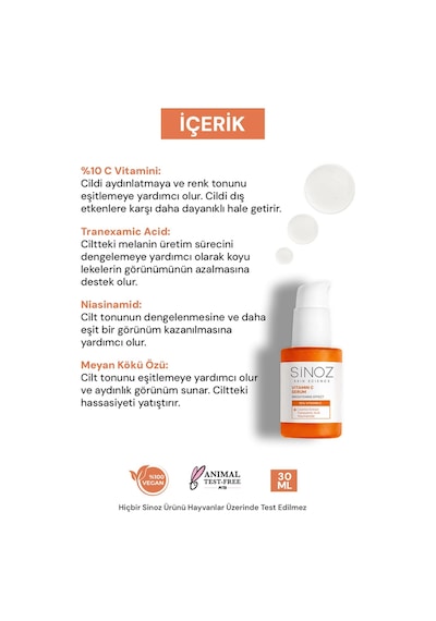 Sinoz Aydınlatıcı Canlandırıcı %10 C Vitamini Yüz Serumu 30 ML