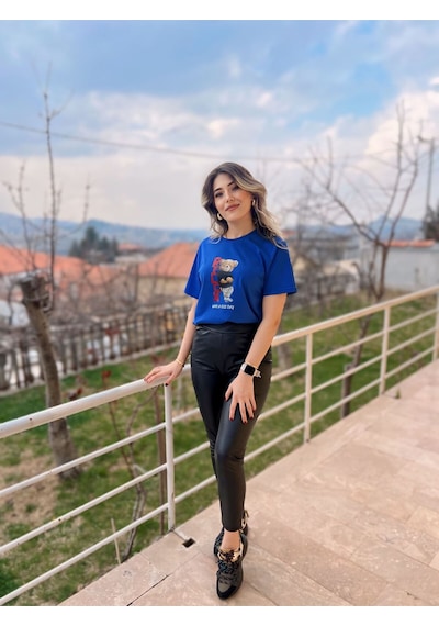 Sevimli Ayıcık Relax Ayı Tasarım Şık Baskılı %100 Pamuk Regular Fit Bisiklet Yaka Mavi T-shirt Mavi