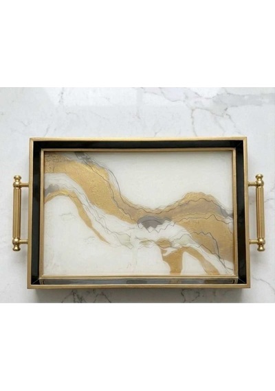 Modern Lüks Desenli Dekoratif Tepsi & Siyah Gold Çerceveli Kulplu Çay Kahve Sunum Tepsisi