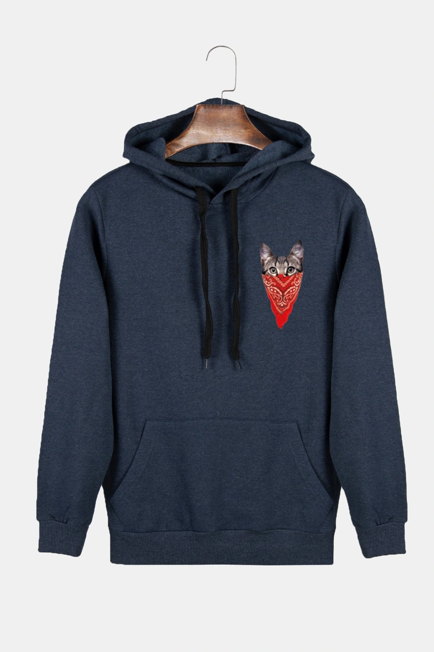 Veaven Unisex Indigo Kapüşonlu Maskeli Kedi Baskılı Slim Fit Kanguru Cepli Sweatshirt İndigo Veaven Unisex Indigo Kapüşonlu Maskeli Kedi Baskılı Slim Fit Kanguru Cepli Sweatshirt İndigo