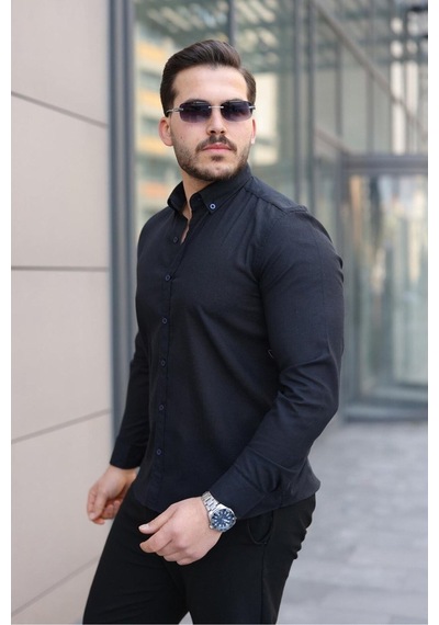 Baselco Premum Dik Yakalı Slim Fit Keten Görünümlü Gömlek Lacivert