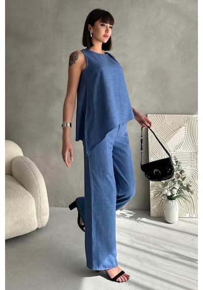 By Saygı Kadın Toka Detaylı Eteği Asimetrik Bluz Beli Lastikli Cepli Palazzo Pantolon Keten 2'li Takım İndigo By Saygı Kadın Toka Detaylı Eteği Asimetrik Bluz Beli Lastikli Cepli Palazzo Pantolon Keten 2'li Takım İndigo