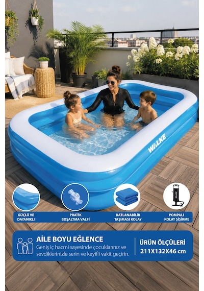 Walke Aile Tipi Şişme Havuz 211x132x46 Cm Pompa Dahil Bahçe Havuzu - 14111 Mavi