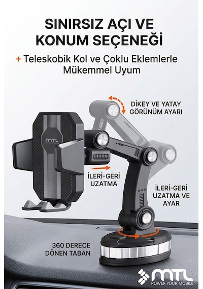 Robot Kollu Çok Eklemli Araç İçi Telefon Tutucu Süper Güçlü Vakumlu Dayanklı Otomatik Kilitli 360