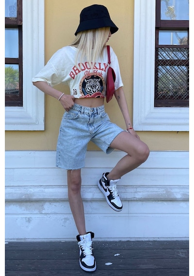 Madmext Buz Mavisi Yüksek Bel Regular Fit Basic Kot Şort Mg1495 Buz Mavisi