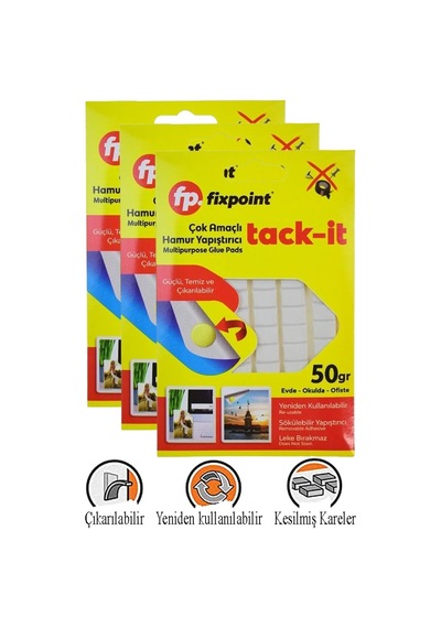 Hamur Yapıştırıcı Tack-it 50gr 3 Paket Fixpoint 65 Parça Macun Sakız Yapıştırıcı Takıt Çerçeve Afiş Duvar İz Bırakmaz