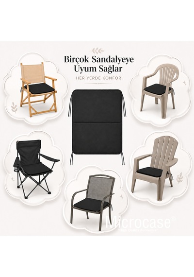 Microcase İple Sabitlemeli Katlanabilir Kamp Sandalyesi Minderi Piknik Outdoor Balıkçılık 40x40 Cm Al5564 Siyah