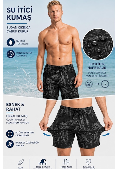 Miami Beach Uzun Boy Model Su İtici Özellikli Esnek Kumaş Dijital Baskılı Erkek Plaj Deniz Şort Mayo // 407 Siyah Miami Beach Uzun Boy Model Su İtici Özellikli Esnek Kumaş Dijital Baskılı Erkek Plaj Deniz Şort Mayo // 407 Siyah