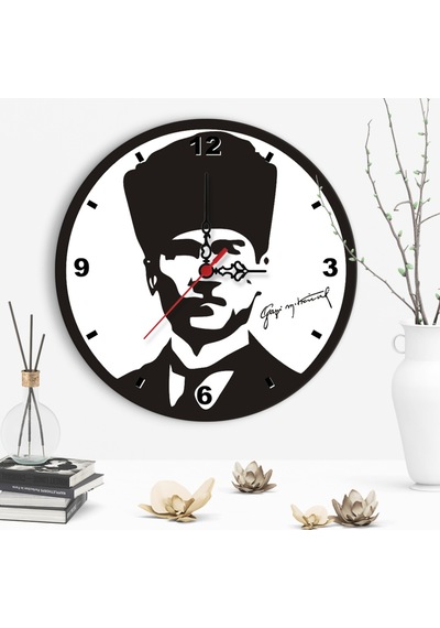 Dekoratif Atatürk Tasarımlı Ahşap Duvar Saati - 1 Beyaz - Siyah