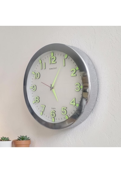 Fosforlu Karanlıkta Parlayan 3d Krom Çerçeveli Sessiz Akar Saniye Duvar Saati Çap 26 Cm