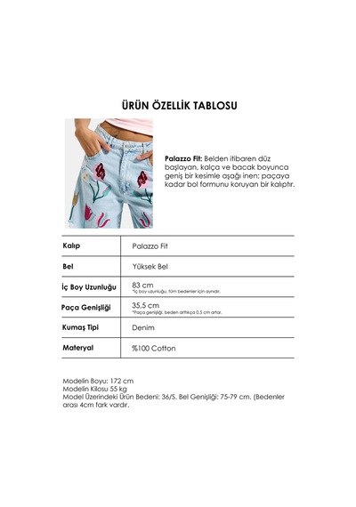 Itsbasic Kadın Ice 11s6-3 Palazzo Fit Gül Çiçek Nakış Detaylı Özel Tasarım Denim Jean Buz Mavi