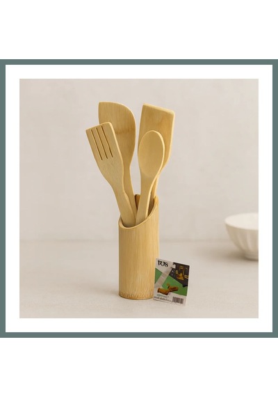 Ventra Ahşap Bambu Mutfak Servis Seti 5 Parça Kaşık, Çatal, 2 Spatula, Stand 27.5/30 Cm Ventra