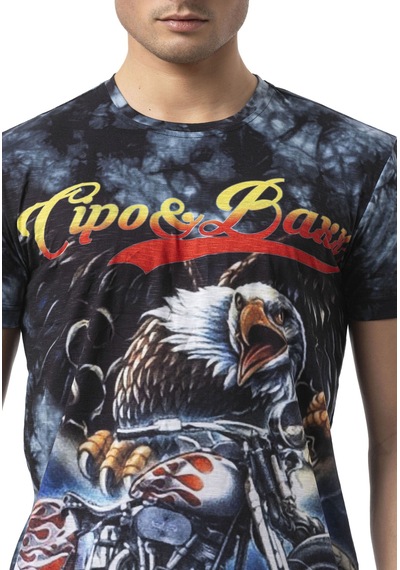 Cipo & Baxx Erkek Grafik Baskılı Tişört Vintage Motosiklet Temalı Bisiklet Yaka Casual Pamuklu Erkek Tişört Ct821 Mavi