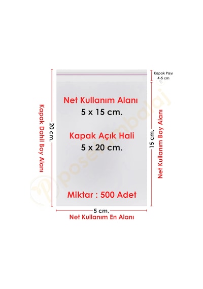 5x15+5 Cm. 5x20 500 Adet Şeffaf Bantlı Yapışkanlı Opp Poşet