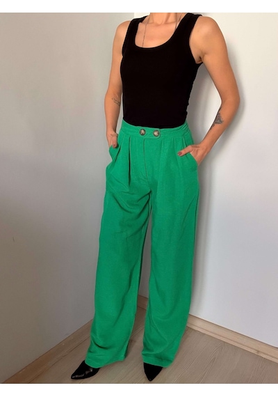 Ali Butik Yeşil Çift Pileli Keten Pantolon Yeşil