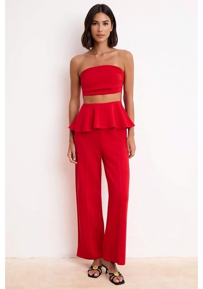 Benerly Kadın Straplez Peplum Detaylı Geniş Paça Uzun Örme Takım Soft Tou Kırmızı