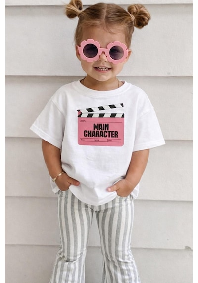 Monila Unisex Çocuk Pamuklu Bisiklet Yaka Baskılı T-shirt Beyaz - Pembe