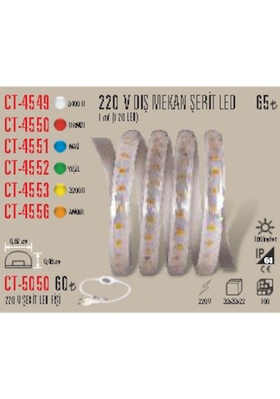 Ct-4549 220 V Dış Mekan Şerit Led Beyaz 5 Metre
