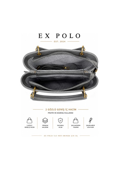 Expolo Ex Polo /kadın Çanta / Anne-kadın El Ve Omuz Çantası / Ayarlanabilir Uzun Askılı/şık Zarif Gri