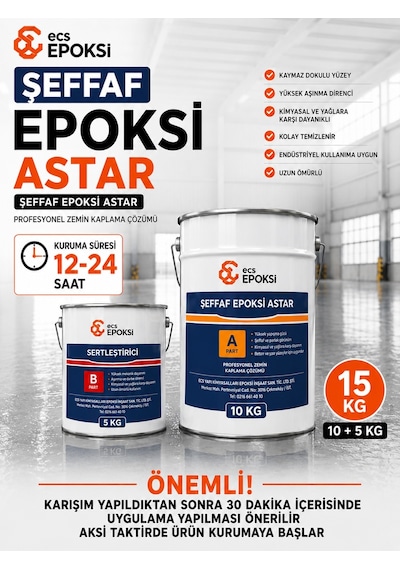 Ecs Şeffaf Epoksi Astar 10+5 Kg Zemin Astarı Beton Seramik Şap İçin Profesyonel Epoksi Astar 15 L