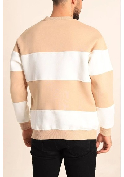 Veraura Lifestyle Parçalı Bisiklet Yaka Baskılı Sweatshirt - Bej