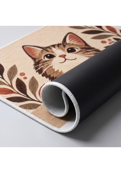Kartela Halı Merhaba Güle Güle Kedili Kapı Paspası Bej Kaymaz Kauçuk Taban Yıkanabilir 60x90 Cm