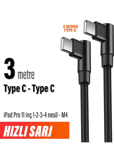 Apple Uyumlu iPad  Pro 11 İnç 1-2-3-4 Nesil M4 Şarj Kablosu Uzun 3 M Typec To Typec Hızlı Şarj Kablosu