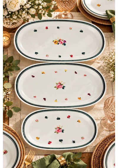 Tabak Evi Porselen Green Oval Sunum Tabağı Seti 3 Parça Çok Renkli