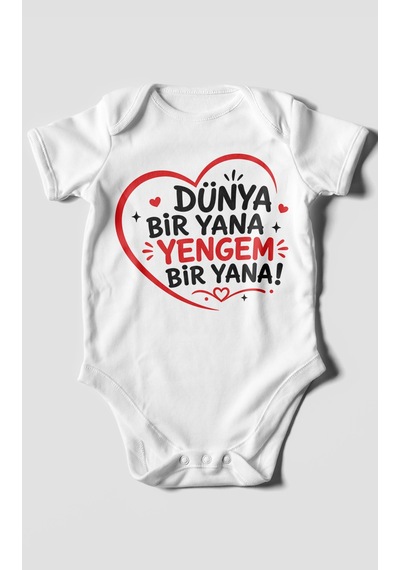 Morivokids Dünya Bir Yana Yengem Bir Yana Kısa Kollu Bebek Body %100 Pamuk Beyaz