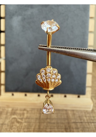 %100 316 L Cerrahi Çelik Deniz Kabuğu Damla Sallantı Zirkon 10x1,6mm Çelik Göbek Piercing Altın