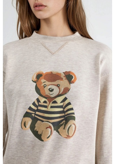Hiccup Busem Baskılı Bisiklet Yaka Sweatshirt Krem Doğal