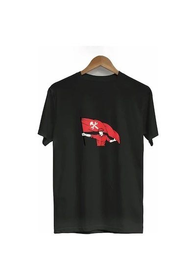 Defymoda 1 Mayıs Emek Ve Dayanışma Bayraklı Emekçi Baskılı Bisiklet Yaka T-shirt - Siyah