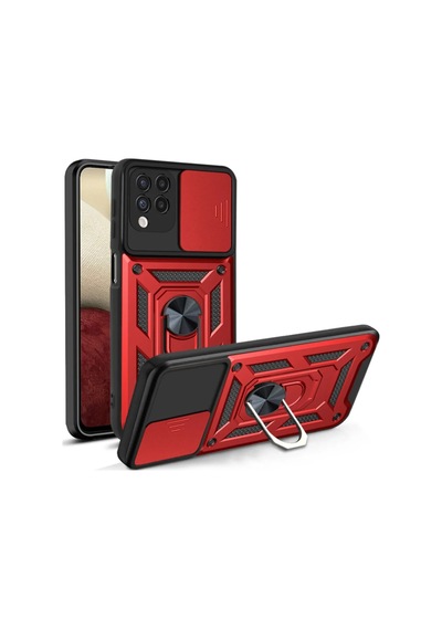 Fibaks Galaxy A22/M22/M32 Uyumlu Kılıf Kamera Korumalı Sürgülü Yüzüklü Armor Military Tank Kırmızı