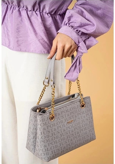 Just Polo Orijinal Kadın 3 Bölmeli Zincir Detaylı Ayarlanabilir Askılı Lüks El & Omuz Çantası Shoulder Bag Gri